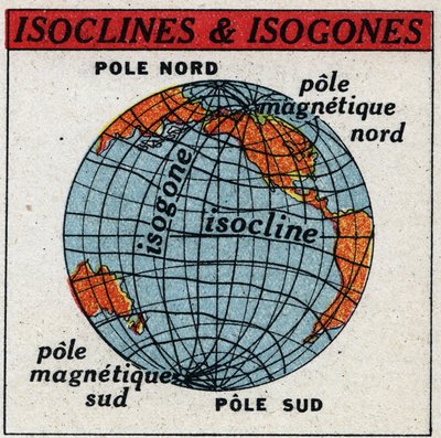 المغناطيسية الأرضية: خريطة مغناطيسية تظهر isoclins و isogones. رسم توضيحي مجهول من عام 1925. مجموعة خاصة. بواسطة مجهول مجهول