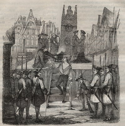 صعد Chevalier Francois-Jean Lefebvre de La Barre (Francois Jean Lefebvre de LaBarre) إلى السقالة في عام 1766. نقش في "تاريخ bagnes من إنشائها حتى يومنا هذا" (1877) بواسطة Pierre Zaccone (1817-1895) (Colonia Penale - مستعمرة العقوبات بواسطة مجهول مجهول