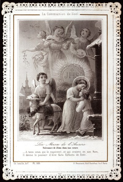 The Christmas Communion. The Mass of the Dawn. Birth of Jesus in our hearts Pious image. Dentelee postcard. Private Collection بواسطة مجهول مجهول