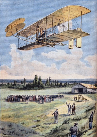 The Flying Men: تجارب ويلبر رايت (1867-1912) فوق مضمار سباق Hunaudieres ، بالقرب من بلدة Le Mans. نقش من جريدة "Le Peute Parisien" بتاريخ 30/8/1908. مجموعة خاصة. بواسطة مجهول مجهول