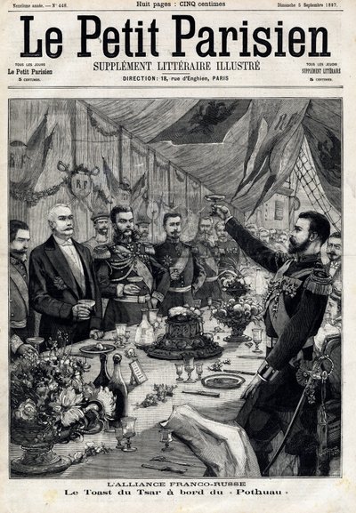 التحالف الفرنسي الروسي: نخب القيصر نيكولاس الثاني (1868-1918) تكريما للرئيس الفرنسي فيليكس فور (1841-1899) على متن البوتاو. في "" لو بيتي باريزيان "بتاريخ 1897/5/09. مجموعة خاصة بواسطة مجهول مجهول