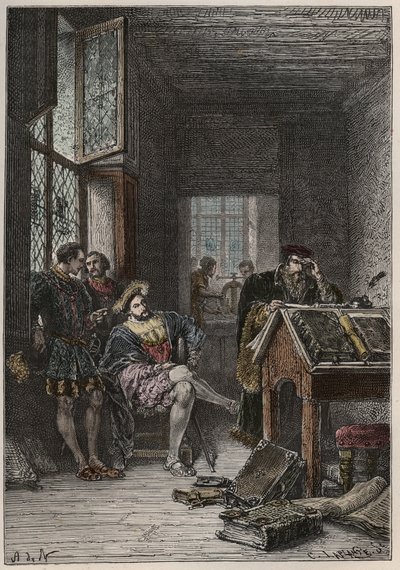 ملك فرنسا فرانسوا الأول (1494-1547) ، حامي الفنون والآداب ، يزور ورش الطابعات إستيان (روبرت إستيان) ، حوالي 1540 (ملك فرنسا فرانسوا الأول يزور ورش عمل مصممي الطباعة الملكيين إستيان بواسطة مجهول مجهول