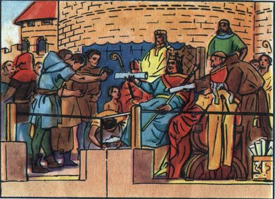 منح ملك فرنسا لويس السادس الكبير (1081-1137) الميثاق لمدينة باريس. توضيح مجهول في "" مجموعة ملوك ورؤساء دول فرنسا "". القرن ال 20. مجموعة خاصة. بواسطة مجهول مجهول