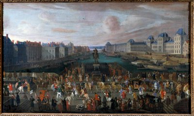 يُنظر إلى Pont Neuf من مدخل Place Dauphine ، و Quai Malaquais مع كلية الأمم الأربعة (Institut de France) تحت الإنشاء ، و Grande Galerie و Louvre عند مرور لوحة المجهول المجهولة. 1665. خافت. 0،74 × 1،25 م. بواسطة مجهول مجهول