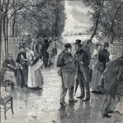 مسيرة الكتاب على ضفاف أرصفة الميناء في باريس. نقش في "Le petit parisien" في 30/10/1892. مجموعة خاصة بواسطة مجهول مجهول