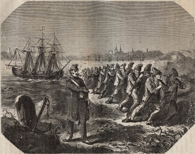 كورديلل (عمل من التعب الشديد) في Bagne de Rochefort في القرن التاسع عشر. نقش في "تاريخ المحكوم عليهم منذ إنشائهم حتى يومنا هذا" (1877) لبيير زكون (1817-1895) (Colonia Penale - Penal colony) بواسطة مجهول مجهول