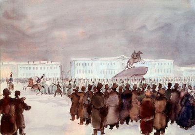 الحشد في ميدان سينات أثناء ثورة الديسمبريست في عام 1825. قام أعضاء الديسمبريست أو ديكابريست بمحاولة انقلاب قمعها بشدة نظمت في سان بطرسبرج في 14 ديسمبر 1825 للحصول على دستور من القيصر المستقبلي لتحديث النظام. مجهول بواسطة مجهول مجهول