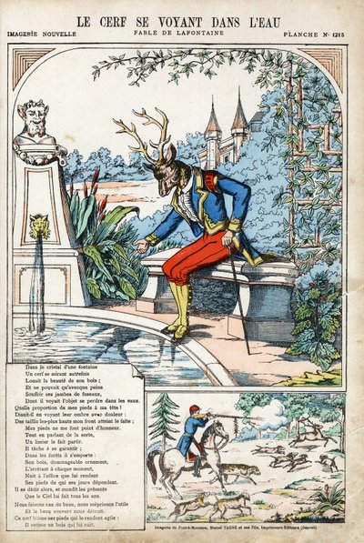 يرى الغزال نفسه في الماء. رسم توضيحي مجهول لـ Les Fables بواسطة Jean de LA FONTAINE (لافونتين) (1621-1695). تصوير بونت آ موسون ، حوالي عام 1880. مجموعة خاصة. بواسطة مجهول مجهول