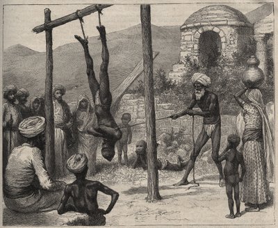 تم تعليق الفقير في الهند - الفقير (Faquir) في الهند - من القدمين على قضيب خشبي - نقش من عام 1892 في "Journal des voyages". بواسطة مجهول مجهول