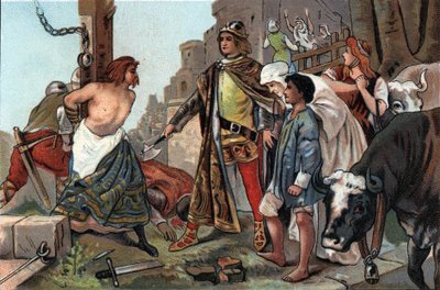 عدالة بودوين السابع (1092-1119) ، قال كونت فلاندرز للفأس. الإعلان عن الطباعة الحجرية الملونة لشوكولاتة أنطوان في بروكسل ، بداية القرن العشرين. مجموعة خاصة بواسطة مجهول مجهول