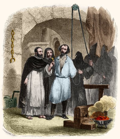 مسألة الحبل في القرن السادس عشر. رسم توضيحي في "" أسرار محاكم التفتيش والجمعيات السرية الأخرى في إسبانيا "بقلم فيكتور دي فيريل ، وسوبرويك ، ومانويل غالو دي كويندياس. تم النشر بواسطة P. Boizard بواسطة مجهول مجهول