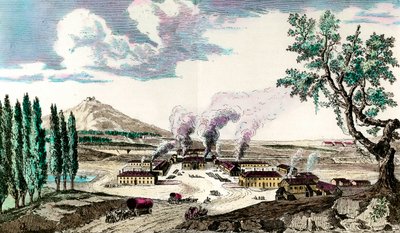 المسبك الملكي في Creusot (Saone and Loire) عام 1787 صنع من بين أشياء أخرى تسليح الجيش الفرنسي. نقش القرن الثامن عشر. مجموعة خاصة بواسطة مجهول مجهول