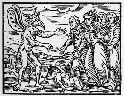 السحرة الذين يقدمون الطفل إلى الشيطان - "" الخلاصة Maleficarum "" ، يتعامل مع السحرة وشرورهم وفرزهم بقلم Francesco Maria Guazzo أو Guaccio أو Guaccius (15 ؟؟ -16 ؟؟) 1608 Private Collection بواسطة مجهول مجهول