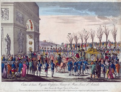 موكب زفاف نابليون وماري لويز على طول الشانزليزيه في الثاني من أبريل عام 1810 - مجهول - 1810 - حفر ، ألوان مائية - 35،3 × 45،7 - مجموعة خاصة بواسطة مجهول مجهول