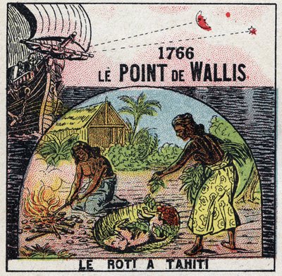 الوقت: نقطة صموئيل واليس (1728-1795) عام 1766 مما أتاح معرفة خط طول النقطة التي كانت تقع فيها نسبة إلى المسافة بين النجوم والقمر. رسم توضيحي مجهول من عام 1925. مجموعة خاصة. بواسطة مجهول مجهول