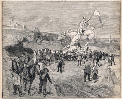 نقل تمثال جان دارك من باريس إلى شينون. نقش على "" لو بيتي باريزيان "" في 13/8/1893. بواسطة مجهول مجهول