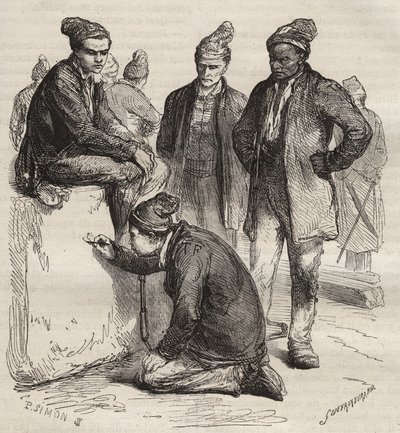 أنواع صالات العرض من Brest Bagne في القرن التاسع عشر. نقش في "تاريخ المحكوم عليهم منذ إنشائهم حتى يومنا هذا" (1877) لبيير زكون (1817-1895) (كولونيا بينالي - مستعمرة جزائية). مجموعة خاصة. بواسطة مجهول مجهول