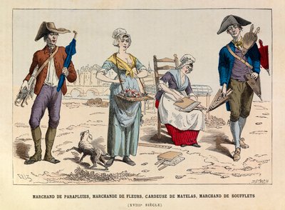 Umbrella merchant, flower merchant, mattress carder and bellows dealer in Paris in the 18th century - Umbrella seller, flower seller, carder and bellows seller at Paris 18th Century - private collection بواسطة مجهول مجهول