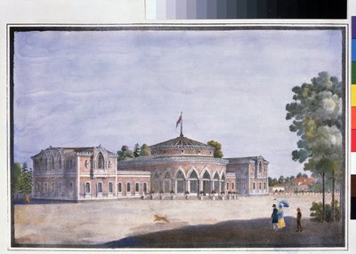 محطة سكة حديد ومطعم فرنسي في كاترينهوف (محطة سكة حديد ومطعم فرنسي في كاثرينهوف). مطبوعة حجرية مجهولة ، ملونة بالألوان المائية ، 22 × 33 سم بواسطة مجهول مجهول
