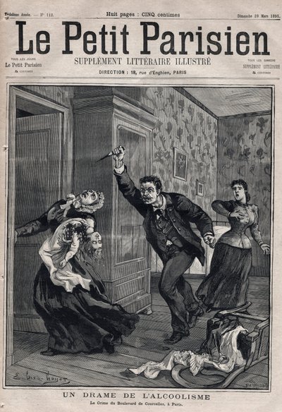 حقائق مختلفة: دراما إدمان الكحول - Le crime du Boulevard de Courcelles in Paris - نقش في "Le petit Parisien" من عام 1891 - Collection privee بواسطة مجهول مجهول