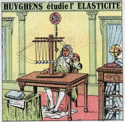 الحركات الاهتزازية: يدرس Christiaan Huygens (1629-1695) مرونة المادة من خلال ملاحظة الخرز العاجي. رسم توضيحي مجهول من عام 1925. مجموعة خاصة. بواسطة مجهول مجهول