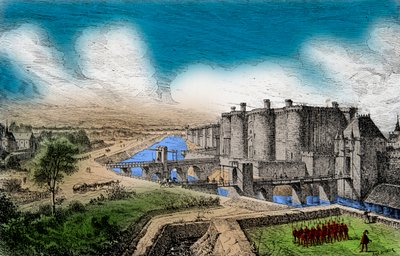 منظر للباستيل والجدران المحيطة به تحت حكم الملك تشارلز الخامس الحكيم (1338-1380) ، نقش ، مجموعة خاصة بواسطة مجهول مجهول