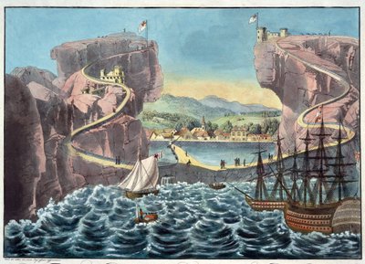 منظر لجزيرة سانت هيلانة من جانب مكان الهبوط بالقرب من حصن جيمس - مجهول - 1815 - أكواتينت - 46.7 × 54.5 - مجموعة خاصة بواسطة مجهول مجهول