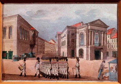 منظر لمسرح براغ الوطني في زمن الاحتلال النمساوي نقش وألوان مائية. مجموعة خاصة من القرن الثامن عشر بواسطة مجهول مجهول