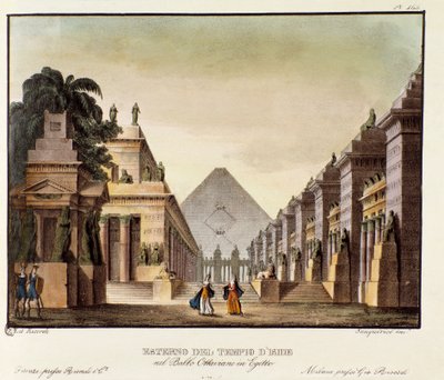 منظر لمعبد إيزيس سينوغرافيا لباليه "أوكتافيان في مصر" لمصمم الرقصات الإيطالي جيوفاني جالزراني (1780-1865) (1828). الطباعة الحجرية في "" مجموعة الاختراعات ذات المناظر الخلابة لعام 1830 بواسطة أليساندرو سانكيريكو (1777-1849) ". ميلان بواسطة مجهول مجهول