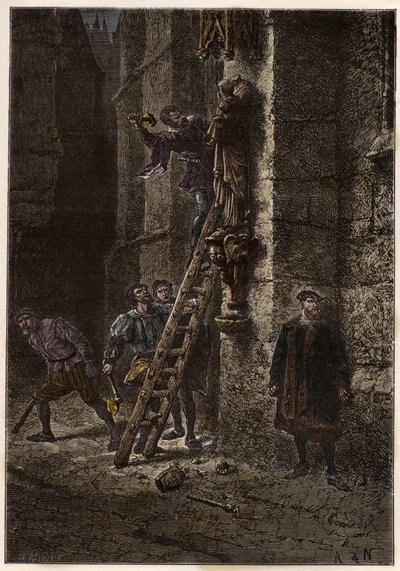 War of Religions - Iconoclasme - Destruction of sacred objects by heretics (Protestants) in the 16th century in France - Heretic Iconoclasts in France - Iconoclastic Fury - Protestants Destroy Images of Mary and the Christ-Child - engraving from “” L