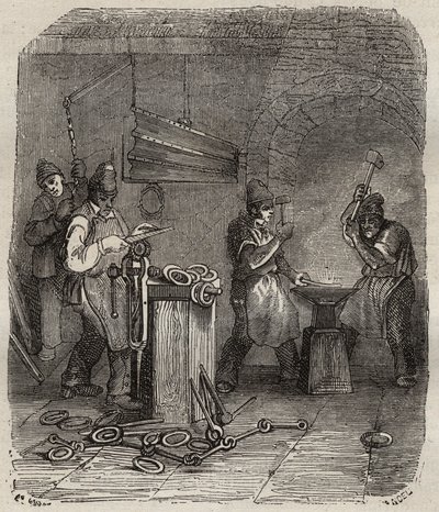 القوات العمالية في Rochefort Bagne في القرن التاسع عشر. نقش في "تاريخ المحكوم عليهم منذ إنشائهم حتى يومنا هذا" (1877) لبيير زكون (1817-1895) (كولونيا بينالي - مستعمرة جزائية). مجموعة خاصة. بواسطة مجهول مجهول