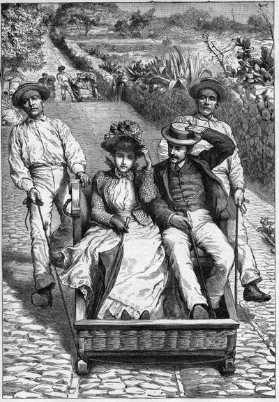 عربات السلة في ماديرا 1893 - Les corinhos (carrieros) a Madere (Madeira) - hommes يوجهون مقعدًا في مكانين في لعبة الروليت (a corinho). نقش في "" Journal des voyages "" "1893 بواسطة مجهول مجهول