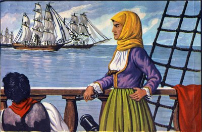 تمثيل بطلة الاستقلال اليوناني بوبولينا (بوبولينا) لاسكارينا (1771-1825) بعد ملصق. بواسطة مجهول مجهول