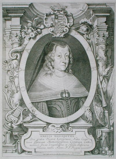 Amalie Elisabeth of Hanau-Muntzenberg (1602-1602) من "Portraits des Hommes Illustres" ، نقش بواسطة Petrus de Iode ، نُشر عام 1706 (نقش) بواسطة أنسيلموس فان (بعد) هول