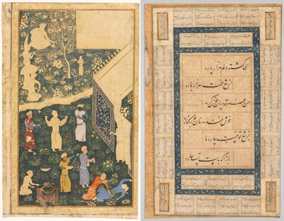 الجانب الأيسر من ورقة ألبوم مكونة من صفحتين: خارج معسكر ملكي (وجه الصفحة) والخط ، آيات فارسية (ظهر) بواسطة أنتوني واترلو