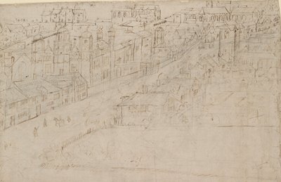 بانوراما لندن كما تُرى من ساوثوارك: بورو هاي ستريت مع سانت ماري أوفري ، 1554 بواسطة Anthonis van den Wyngaerde
