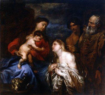 بالإسبانية  La Virgen y el Niño con los pecadores arrepentidos العذراء والطفل مع المذنبين الثلاثة التائبين، مريم المجدلية والملك داود والابن الضال بواسطة أنتوني فان ديك