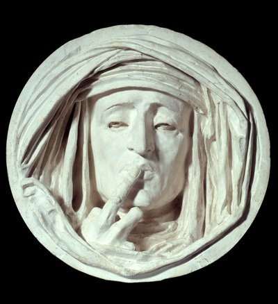 الصمت لفتة رمزية لرجل يضع إصبعه على فمه. منحوتة من الجبس لأوغست بريولت (1809-1879) في القرن التاسع عشر في باريس ، متحف اللوفر بواسطة أنطوان أوجستين بريولت