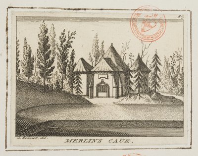 منظر من كهف Merlin ، حدائق Kew ، رسم توضيحي من "Lysons 'Environs of London" ، حوالي 1750 (نقش) بواسطة انطوان بينويست