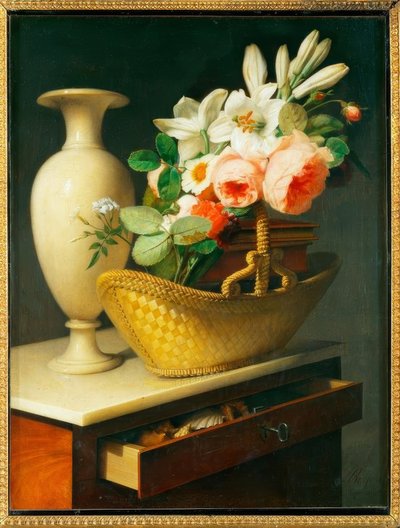 باقة من الزنابق والورود في سلة على chiffonier بواسطة أنطوان برجون