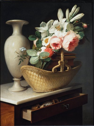 Bouquet of lilies and roses in a basket placed on a rag - oil on canvas بواسطة أنطوان برجون