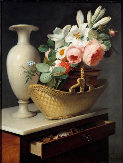 باقة من الزنابق والورود في سلة موضوعة على قطعة قماش رسمها أنطوان برجون (1754-1843) 1814 صن. 0،66x0،49 م. بواسطة أنطوان برجون