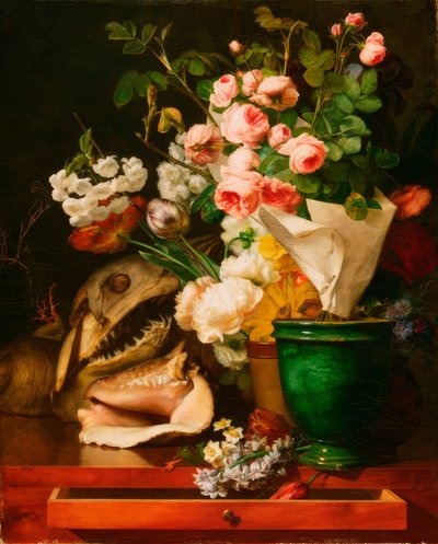 Stillleben mit Blumen, Muscheln, Haikopf بواسطة أنطوان برجون