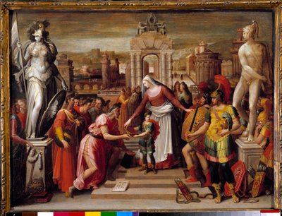تاريخ الملكة Artemise Iere of Halicarnasse: "" تسليم الكتاب و epee "" رسم أنطوان كارون (1521-1599) القرن السادس عشر. 0،51 × 0،67 م بوفيه ، متحف المغادرة في لوس بواسطة أنطوان كارون