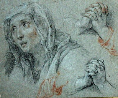 دراسات لشكل العذراء ، حوالي عام 1700 (طباشير أسود وأحمر مزين بالأبيض على الورق) بواسطة انطوان كويبل