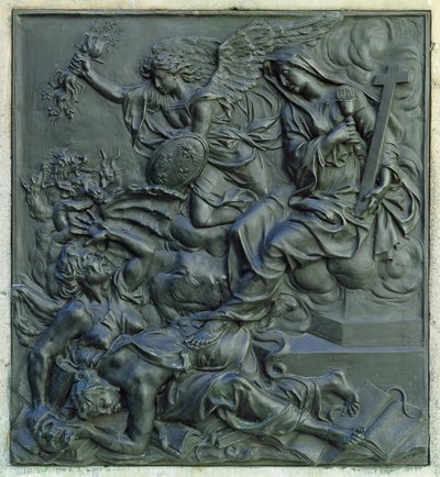 ملاك فرنسا طرد الزنادقة ، تفاصيل من قاعدة تمثال لويس الرابع عشر ، c.1687 (برونزية) بواسطة أنطوان كويسيفوكس