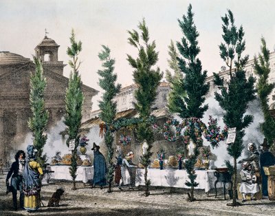 مقالي الطعام في بانثيون خلال عيد القديس يوسف ، نقش من قبل أنطوان جان بابتيست توماس (1791-1834) من Un an a Rome et dans ses المحيطة (عام واحد في روما والمناطق المحيطة بها) ، فرنسا بواسطة أنطوان جان بابتيست توماس