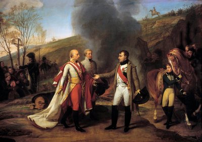مقابلة مع نابليون الأول (1769-1821) وفرانسوا الثاني (1768-1835) في ساروتشيتز في مورافيا بعد معركة أوسترليتز ، 4/12/1805 خلف فرانسوا الثاني ، جون الأول من ليختنشتاين (1760-1836). رسم أنطوان جان جروس (1771-1835). القرن ال 19. خافت. بواسطة أنطوان جان جروس