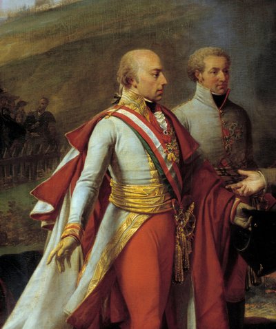 Interview of Napoleon I (1769-1821) and Francois II at Sarutschitz in Moravia after the Battle of Austerlitz, 4/12/1805 Detail representing Francois II of Austria (1768-1835) (left) and John I of Liechtenstein (1760-1836) (right). Painting by Antoine Jean  بواسطة أنطوان جان جروس