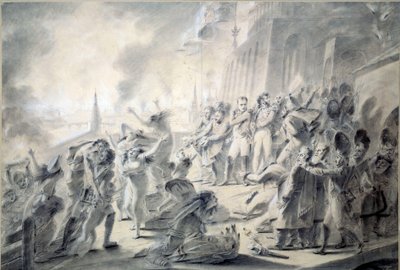 حريق موسكو 1812/9/15 حاكم المدينة ، الكونت روستوبشينا ، أحرق المدينة عند وصول نابليون الأول. رسم بالحبر البني والغسيل والقلم الرصاص والقلم الرصاص والغواش بواسطة أنطوان جان جروس (1771-1835) 1812 خافت. 0،57x0،84 م باريس ، متحف اللوفر بواسطة أنطوان جان جروس